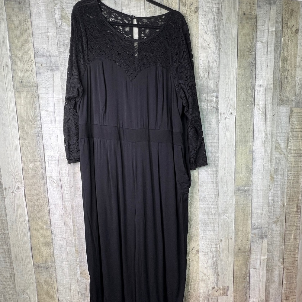 Torrid Size 4 Black Wide Leg Jumpsuit Lace 3/4 Sleeves Side Zip Back Tie Keyhole